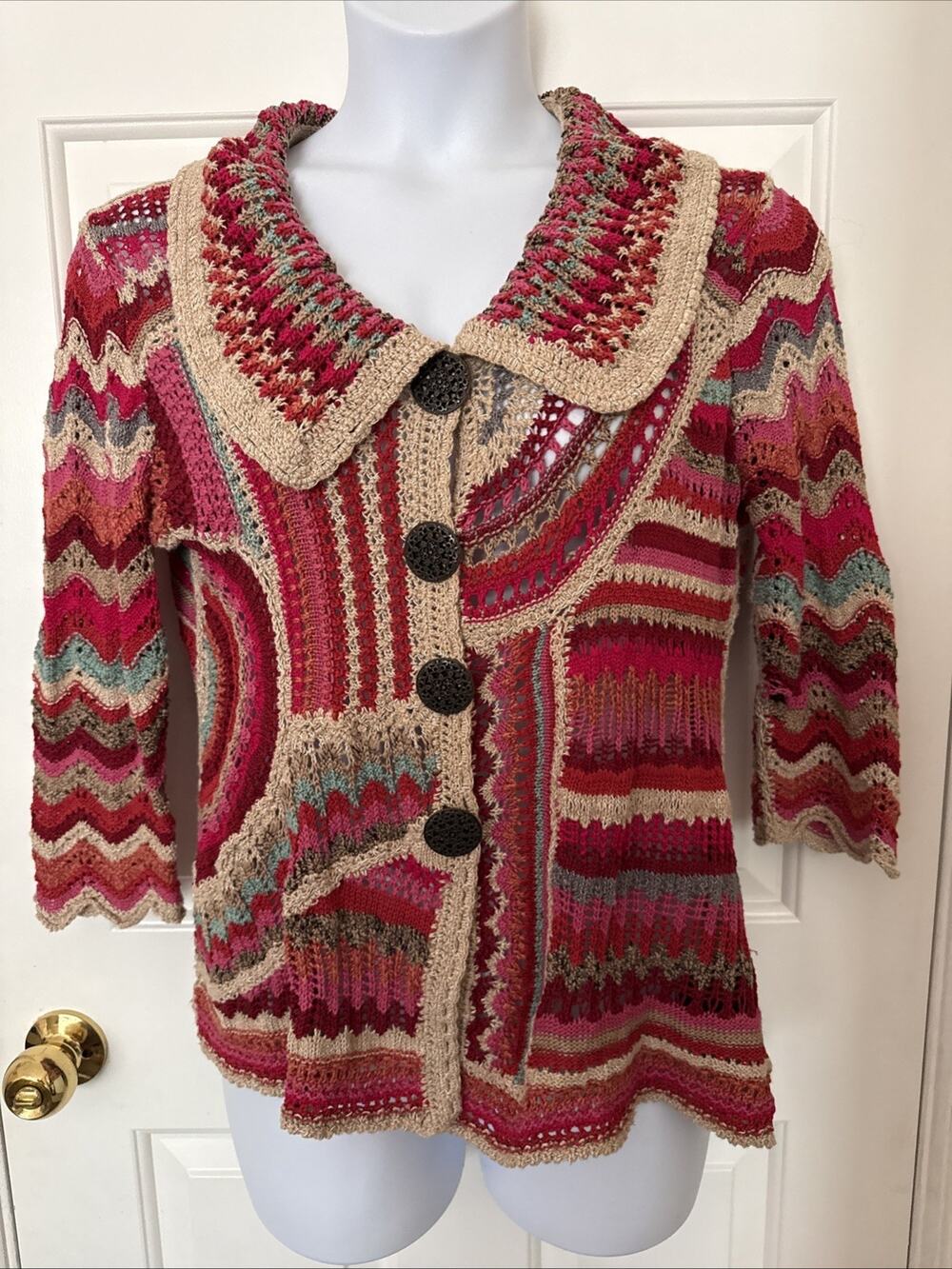 Zozo Crochet Multicolor Cardigan 1X Cotton Blend Boho Grannycore Button Collared